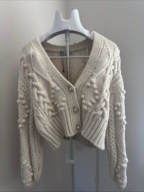 Zara Ivory Cable-Knit V-Neck Cardigan with Embellished Buttons